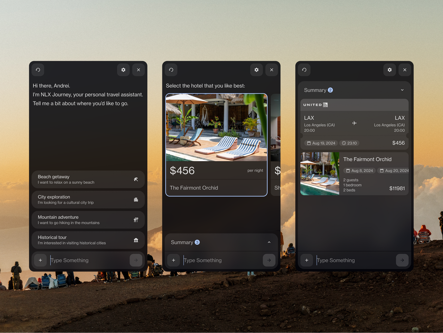 Three-screen mobile UI showing a conversational travel assistant for trip planning and booking.